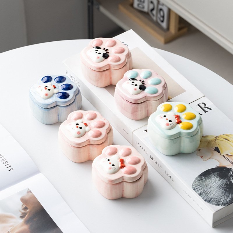 Ceramic cat paw jewelry box with lid 主图 2